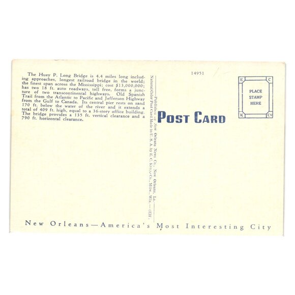 Vintage Huey P Long Bridge Postcard New Orleans Mississippi Railroad Train View - Picture 2 of 2